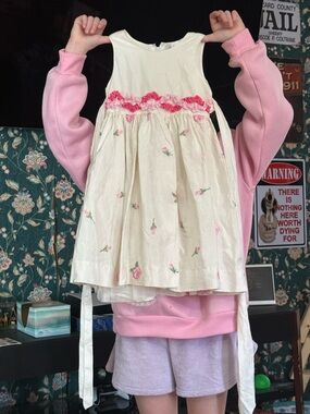 Camilla Cream Dress with Pink Floral Accents